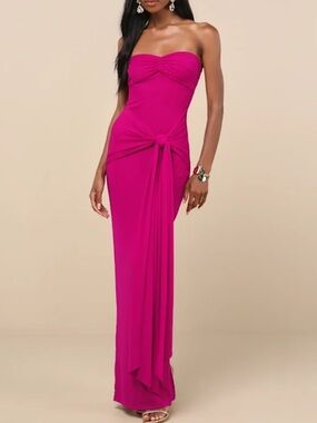 Kaisla Magenta Knotted Strapless Mermaid Maxi Dress Magenta